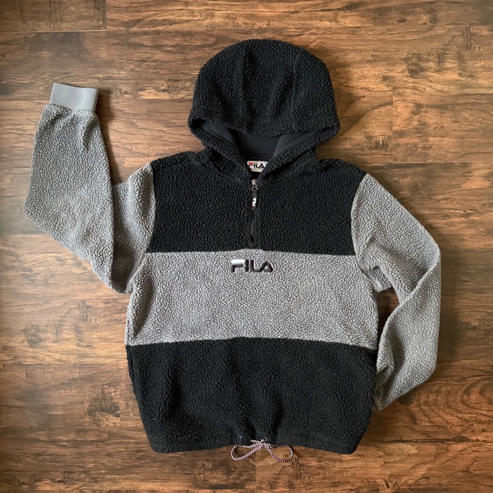 Fila Sherpa Fleece Hoodie Pullover Colorblock Mens‎ M Black Gray Quarter Zip
